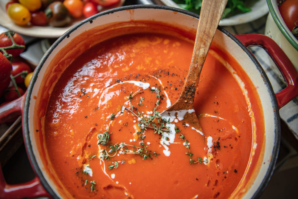 Creamy Coconut Tomato Soup with Cannellini Beans & Basil