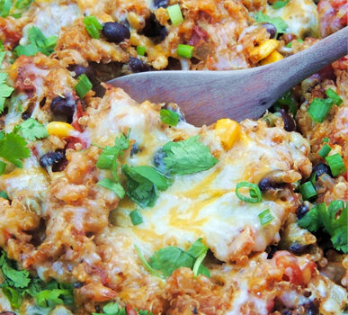 Veggie Green Chili, Black Bean & Quinoa Enchilada Bake